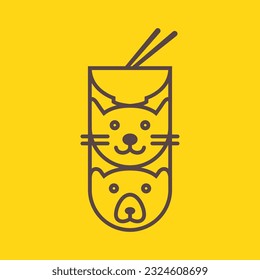 animal cat and bear noodle food bowl lines minimal mascot logo vector icon illustration