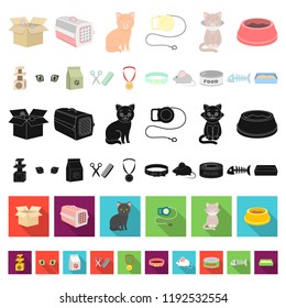 An animal cat cartoon icons in set collection for design. Caring for a cat vector symbol stock web illustration.
