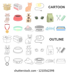 An animal cat cartoon icons in set collection for design. Caring for a cat vector symbol stock web illustration.