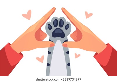 Animal cat dog paw in human hand adoption adopt concept. Vector graphic design illustration
