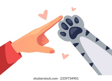 Animal cat dog paw in human hand adoption adopt concept. Vector graphic design illustration
