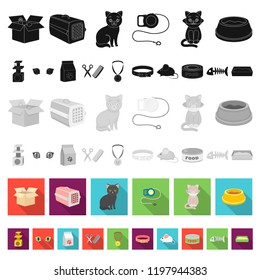 An animal cat flat icons in set collection for design. Caring for a cat vector symbol stock web illustration.