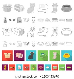 An animal cat flat icons in set collection for design. Caring for a cat vector symbol stock web illustration.