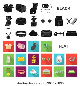 An animal cat flat icons in set collection for design. Caring for a cat vector symbol stock web illustration.
