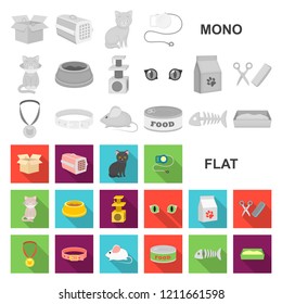 An animal cat flat icons in set collection for design. Caring for a cat vector symbol stock web illustration.