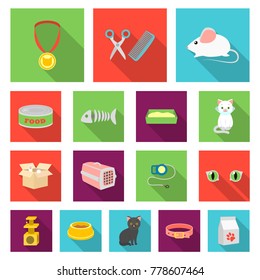 An animal cat flat icons in set collection for design. Caring for a cat vector symbol stock web illustration.