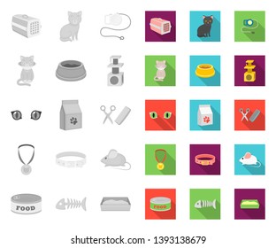 An animal cat mono,flat icons in set collection for design. Caring for a cat vector symbol stock web illustration.