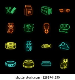 An animal cat neon icons in set collection for design. Caring for a cat vector symbol stock web illustration.