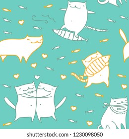 Animal cat seamless pattern. Funny cute cartoon doodle cats background. Greeting card illustration.