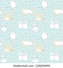 Animal cat seamless pattern. Funny cute cartoon doodle cats background.