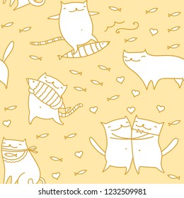 Animal cat seamless pattern. Funny cute surfing cartoon cat illustration.