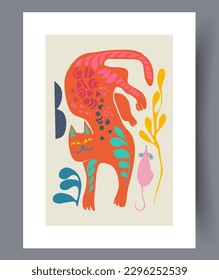 Animal cat surreal mouse wall art print. Printable minimal abstract cat poster. Contemporary decorative background with mouse. Wall artwork for interior design.