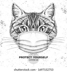 Animal cat wearing face medical mask. Covid-19 protection methods. Coronavirus Quarantine Warning. Vector illustration