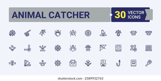 Animal Catcher line icons. Includes thin line rescue, safety, control, bait, catch and more. Outline symbol collection. Solid line editable vector illustration.