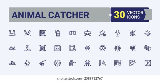 Animal Catcher line icons. Includes thin line rescue, safety, control, bait, catch and more. Outline symbol collection. Solid line editable vector illustration.