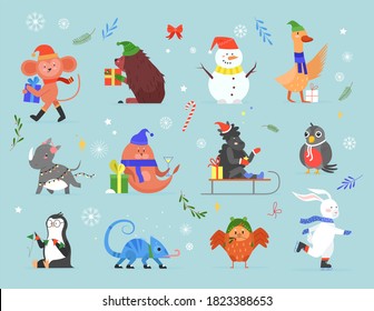 Animal celebrate Christmas vector illustration set. Cartoon hand drawn zoo collection with wildlife animal xmas characters greeting and celebrating winter holidays with gifts, flags, festive clothing