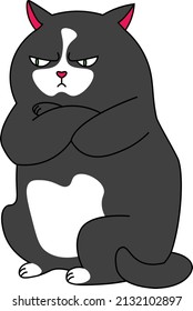 Animal character angry black fat cat drawing in flat style