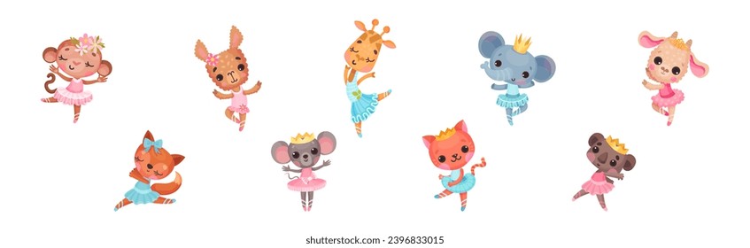 Animal Character Ballet Dancing in Tutu Skirt Vector Set