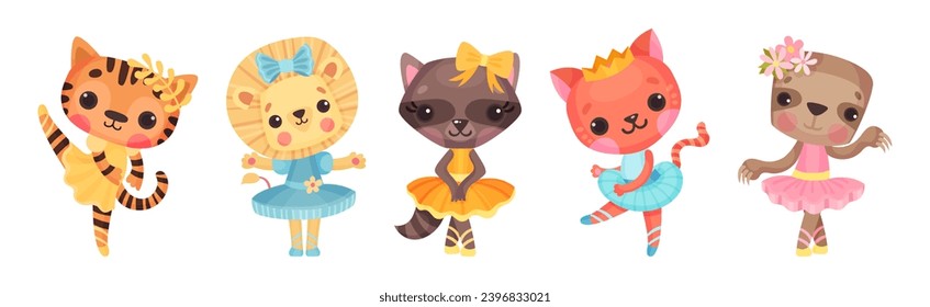 Animal Character Ballet Dancing in Tutu Skirt Vector Set