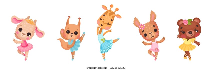 Animal Character Ballet Dancing in Tutu Skirt Vector Set