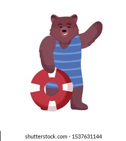 Animal character brown, lifeguard bear in a swimsuit, life suit and lifebuoy on a white background. Vector illustration in a flat, cartoon style.
