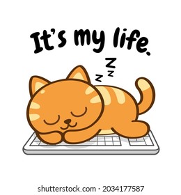 Animal character. Cat is napping or sleeping on the keyboard.