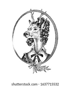 Animal character. Deer lady or doe with flowers. Hand drawn portrait. Engraved old monochrome sketch for card, label or tattoo. Anthropomorphism in hipster style.