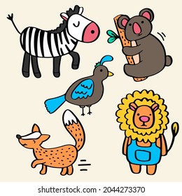 Animal character in diffetent emotions. Hand drawn animal pose collection. zebra, koala, peacock, fox, lion, wildlife vector set. Facial expression flat vector illustration
