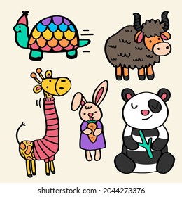 Animal character in diffetent emotions. Hand drawn animal pose collection. turtle, bison, giraffe, rabbit, panda, wildlife vector set. Facial expression flat vector illustration