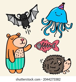 Animal character in diffetent emotions. Hand drawn animal pose collection. bats, jellyfish, bear, fish, hedgehog, wildlife vector set. Facial expression flat vector illustration