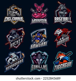 Animal Character E-sport Logo Design Bundle Set Eagle, mouse, wolf, ninja, tiger, bear, gorilla, samurai, ninja, symbol, icon collection vector illustration gaming team