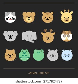 Conjunto de iconos de cara de personaje animal. Estilo de color plano