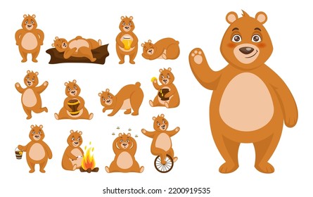 Animal character. Funny bear actions. Happy creature sleeping on wood and eating honey. Forest wildlife. Thinking and dancing. Grizzly with orange fire. Vector cartoon mammal activities set