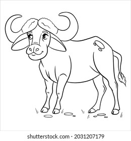 Animal character funny buffalo in line style. Children's illustration. Vector illustration for design and decoration.