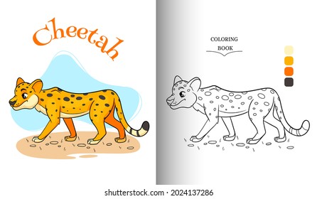 Animal character funny cheetah in cartoon style coloring page. Children's illustration. Vector illustration.