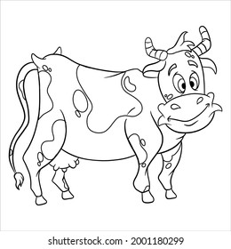 Animal character funny cow in line style coloring book. Children's illustration. Vector isolated on white background for book decoration and design.