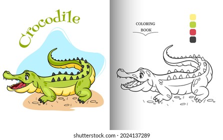 Animal character funny crocodile in cartoon style coloring book page. Children's illustration. Vector illustration.