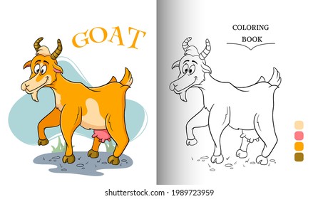 Animal character funny goat in cartoon style coloring book page. Children's illustration. Vector illustration.