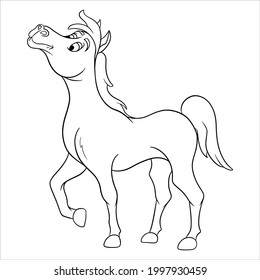 Animal character funny horse in line style coloring book. Children's illustration. Vector isolated on white background for book decoration and design.