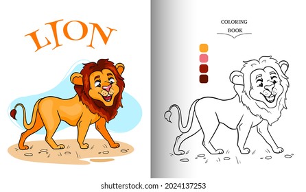 Animal character funny lion in cartoon style coloring page. Children's illustration. Vector illustration.