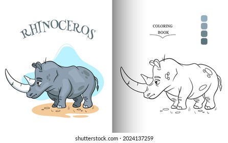 Animal Character Funny Rhinoceros In Cartoon Style Coloring Page. Children's Illustration. Vector Illustration.