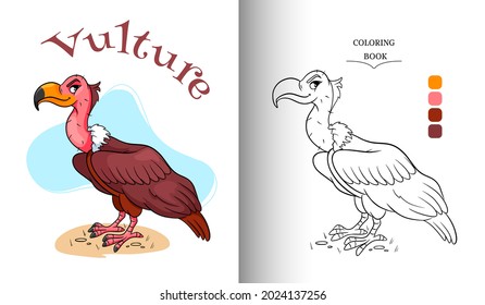 Animal character funny vulture in cartoon style coloring page. Children's illustration. Vector illustration.