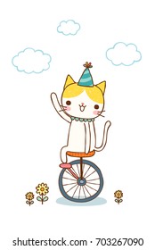 Animal character greeting card. Cute cartoon smiling cat and ridding on a unicycle, bicycle. Isolated on white background. Children's illustration. Flat design. Vector illustration.