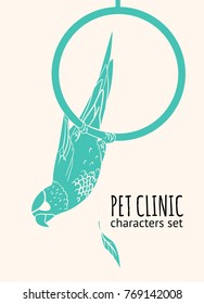 Animal character illustration. Doodle style parrot hanging on hoop.