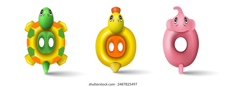 animal character ring swimming buoys turtle, duck and elephant, top view animal character ring swimming buoy premium vector