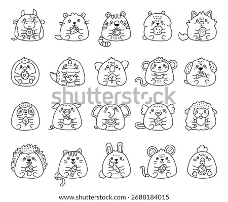 Animal character set in outline line art with flower, log, meat, cookie, egg, fish, leaf, banana, bone, tomato, watermelon, mushroom, carrot, cheese, heart
