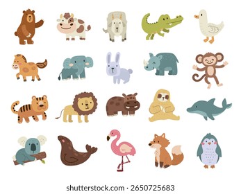 Personagem animal definido em estilo escandinavo com criaturas encantadoras e domésticas na floresta, fazenda na selva e aquático para sua ilustração e projetos de designs criativos