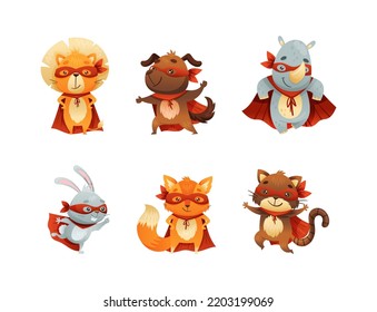 Animal Character Superhero Dressed in Mask and Red Cape or Cloak Ready to Rescue Vector Set