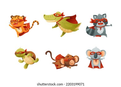 Animal Character Superhero Dressed in Mask and Red Cape or Cloak Ready to Rescue Vector Set