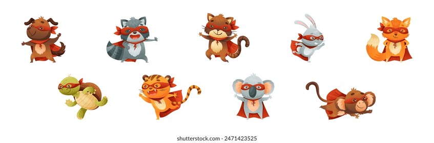 Animal Character Superhero Dressed in Mask and Red Cape or Cloak Vector Set